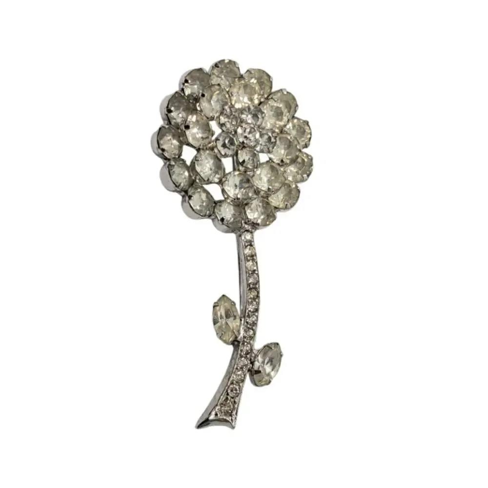 Vintage Signed Weiss Brooch Clear Rhinestone Flower Rose Long Stem Leaves